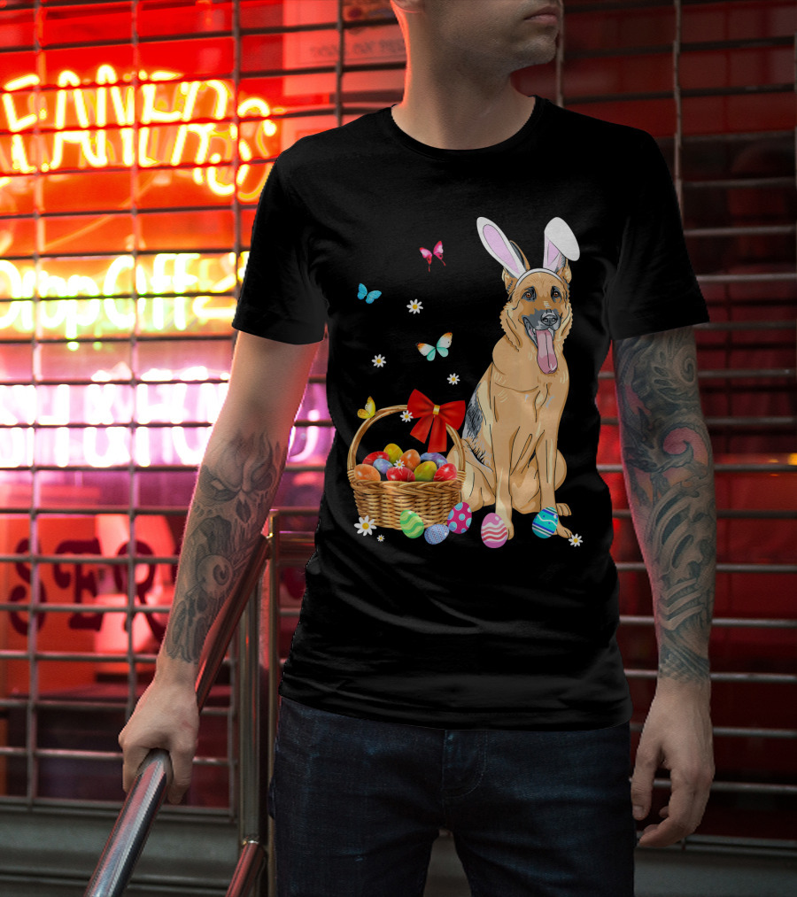 German Shepherd Bunny Ears Rabbit Easter Eggs Basket Butterflies T-Shirt