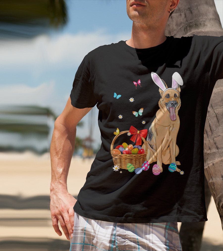 German Shepherd Bunny Ears Rabbit Easter Eggs Basket Butterflies T-Shirt