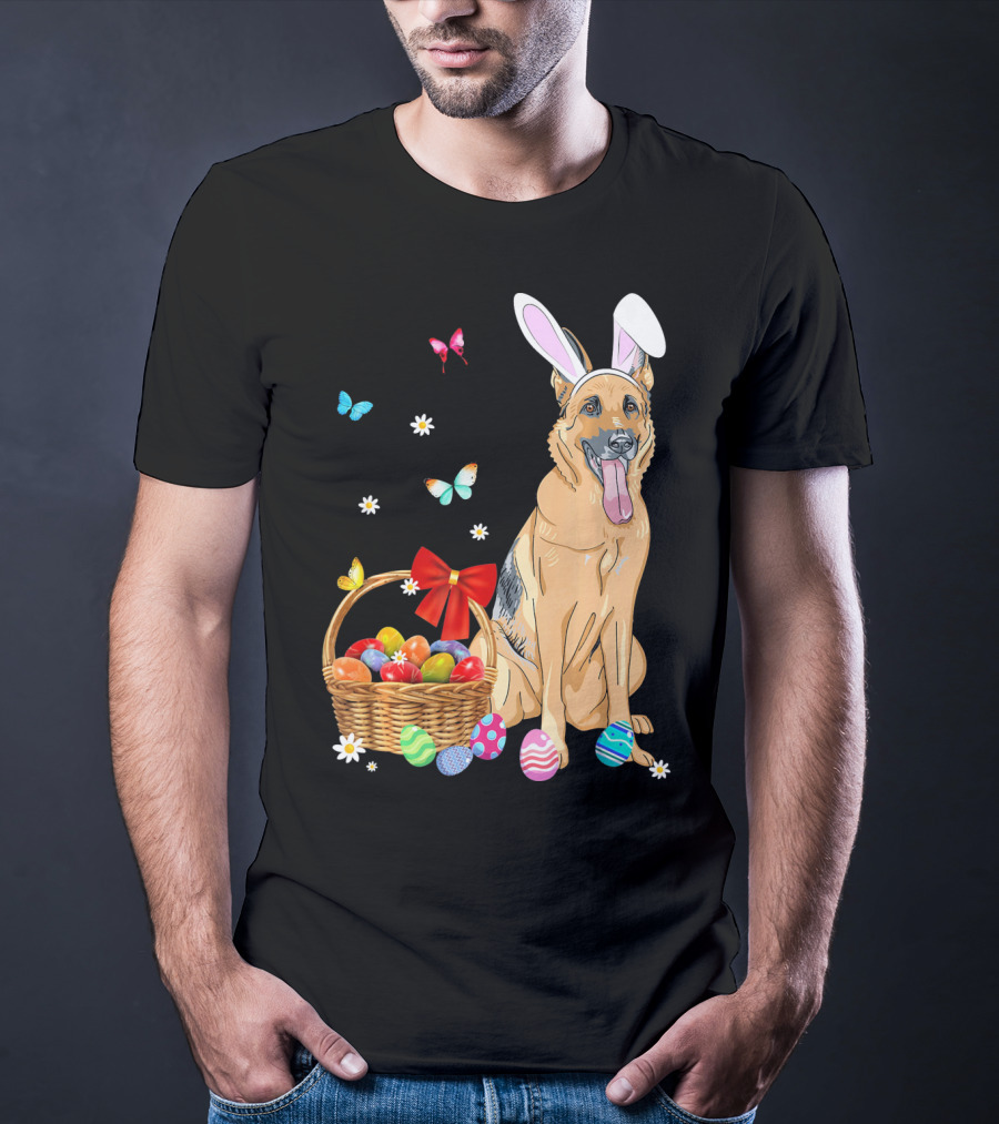 German Shepherd Bunny Ears Rabbit Easter Eggs Basket Butterflies T-Shirt