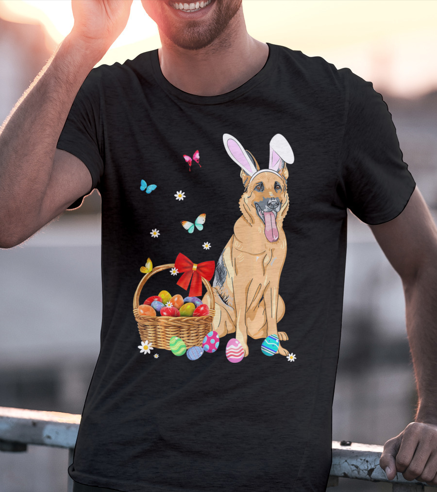 German Shepherd Bunny Ears Rabbit Easter Eggs Basket Butterflies T-Shirt