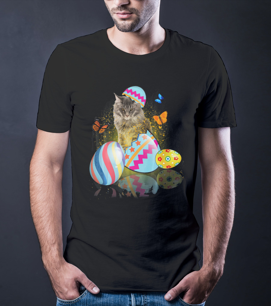 Funny Cat With Colorful Easter Eggs And Butterflies For Cat Lovers T-Shirt