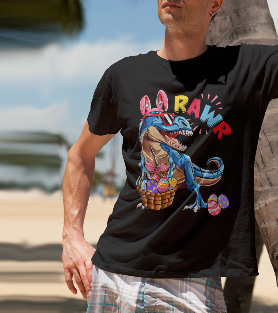 Dinosaur Easter Bunny Rex Rawr With Eggs And Basket T-Shirt