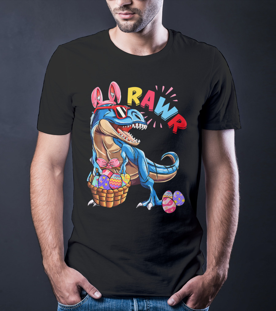 Dinosaur Easter Bunny Rex Rawr With Eggs And Basket T-Shirt