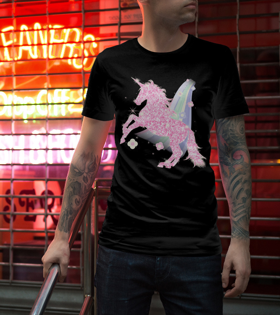 Pink Sparkle Unicorn With Easter Flowers And Rainbow Mane T-Shirt
