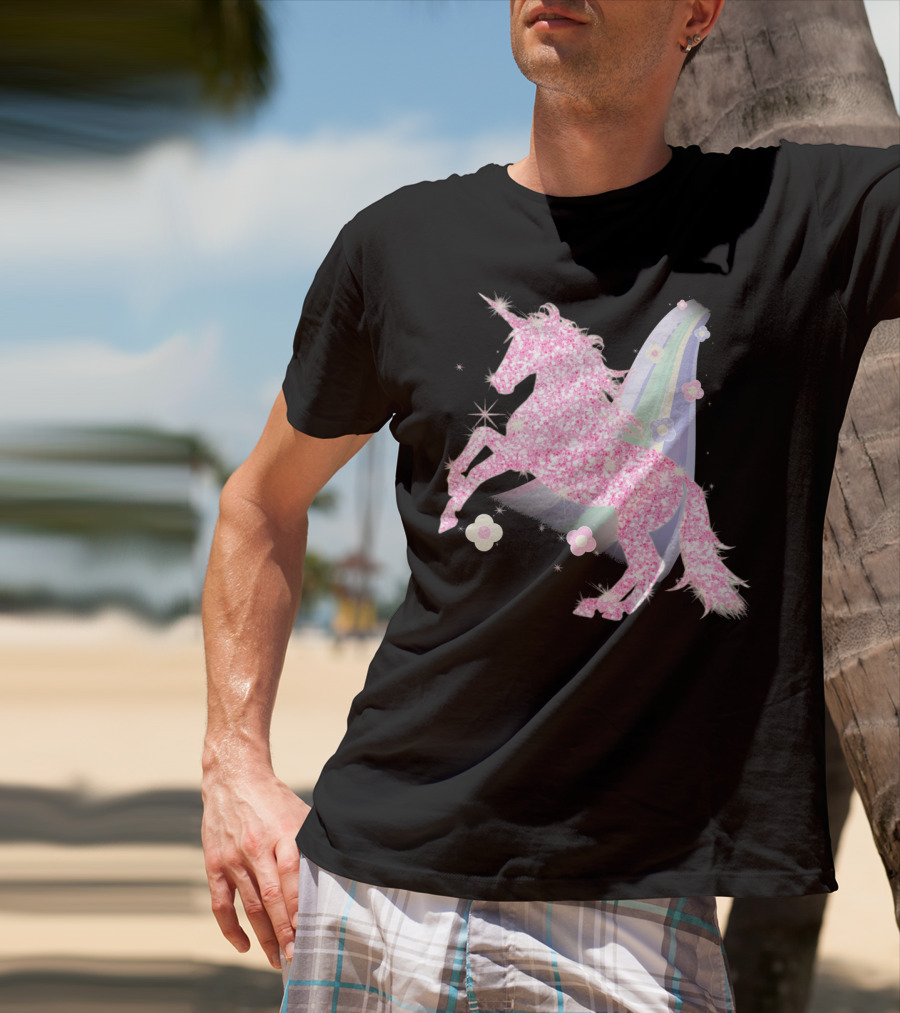 Pink Sparkle Unicorn With Easter Flowers And Rainbow Mane T-Shirt