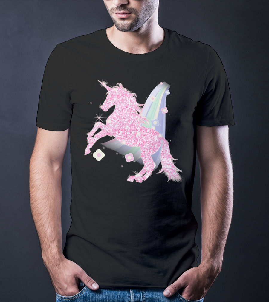 Pink Sparkle Unicorn With Easter Flowers And Rainbow Mane T-Shirt