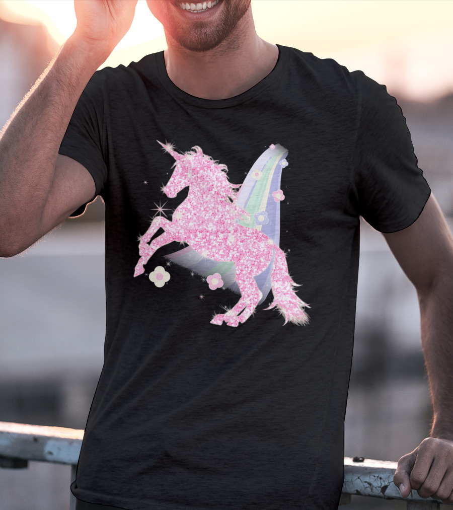 Pink Sparkle Unicorn With Easter Flowers And Rainbow Mane T-Shirt
