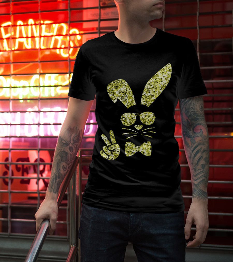 Easter Bunny Girls Cute Gold Glitter Bunny With Sunglasses And Bow Tie T-Shirt