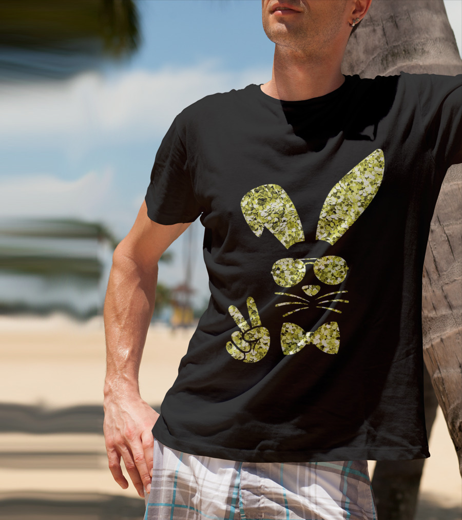 Easter Bunny Girls Cute Gold Glitter Bunny With Sunglasses And Bow Tie T-Shirt
