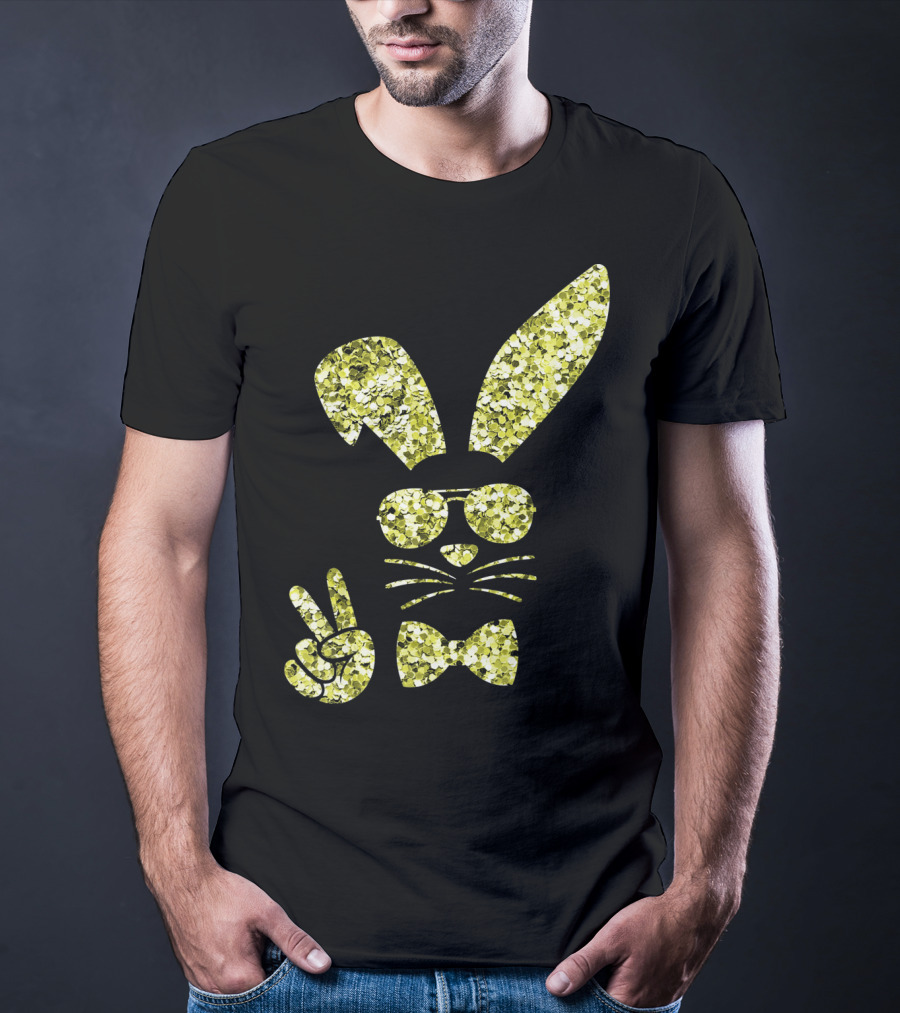 Easter Bunny Girls Cute Gold Glitter Bunny With Sunglasses And Bow Tie T-Shirt