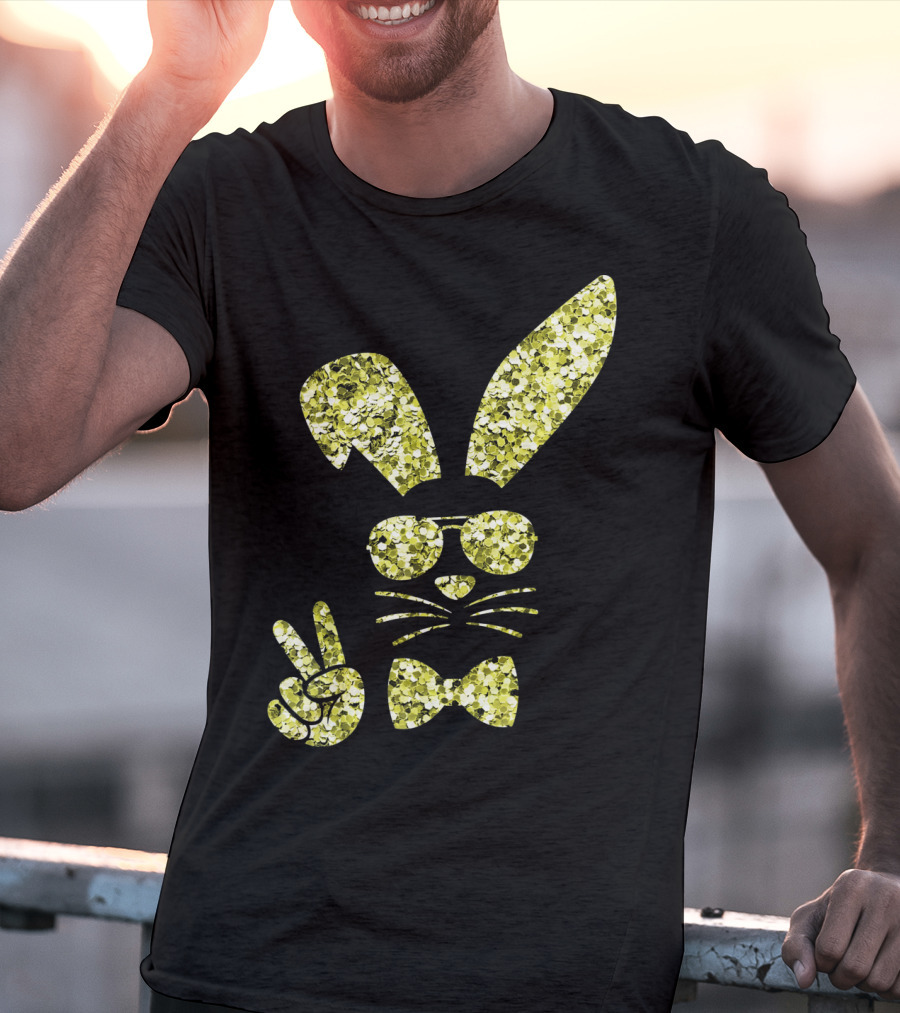Easter Bunny Girls Cute Gold Glitter Bunny With Sunglasses And Bow Tie T-Shirt