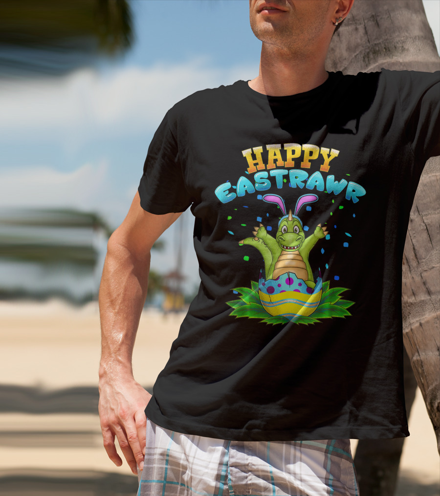 Happy Eastrawr Dinosaur In Easter Egg With Bunny Ears And Confetti T-Shirt