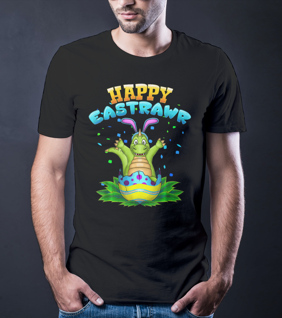 Happy Eastrawr Dinosaur In Easter Egg With Bunny Ears And Confetti T-Shirt