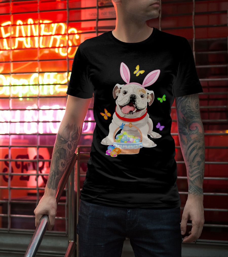 English Bulldog With Bunny Ears And Easter Egg Basket With Butterflies T-Shirt