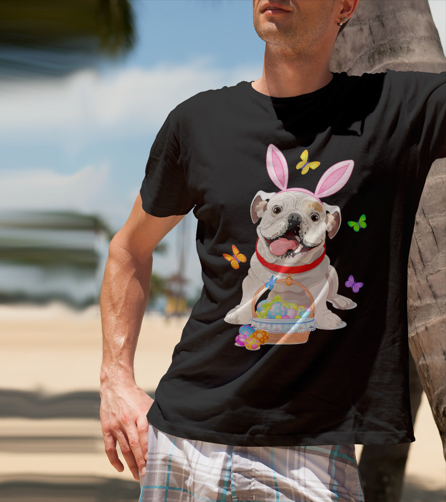 English Bulldog With Bunny Ears And Easter Egg Basket With Butterflies T-Shirt