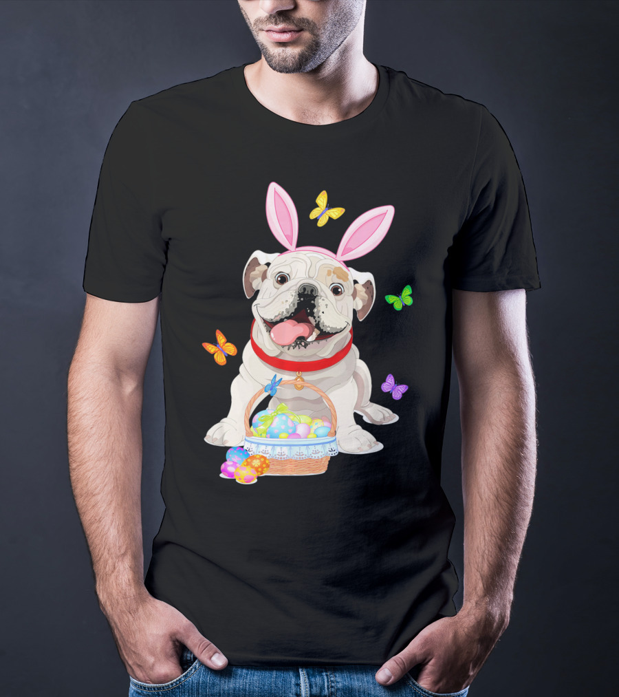 English Bulldog With Bunny Ears And Easter Egg Basket With Butterflies T-Shirt