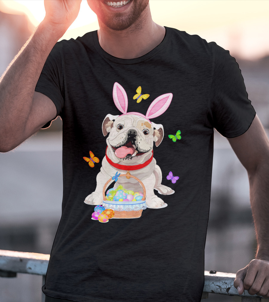 English Bulldog With Bunny Ears And Easter Egg Basket With Butterflies T-Shirt