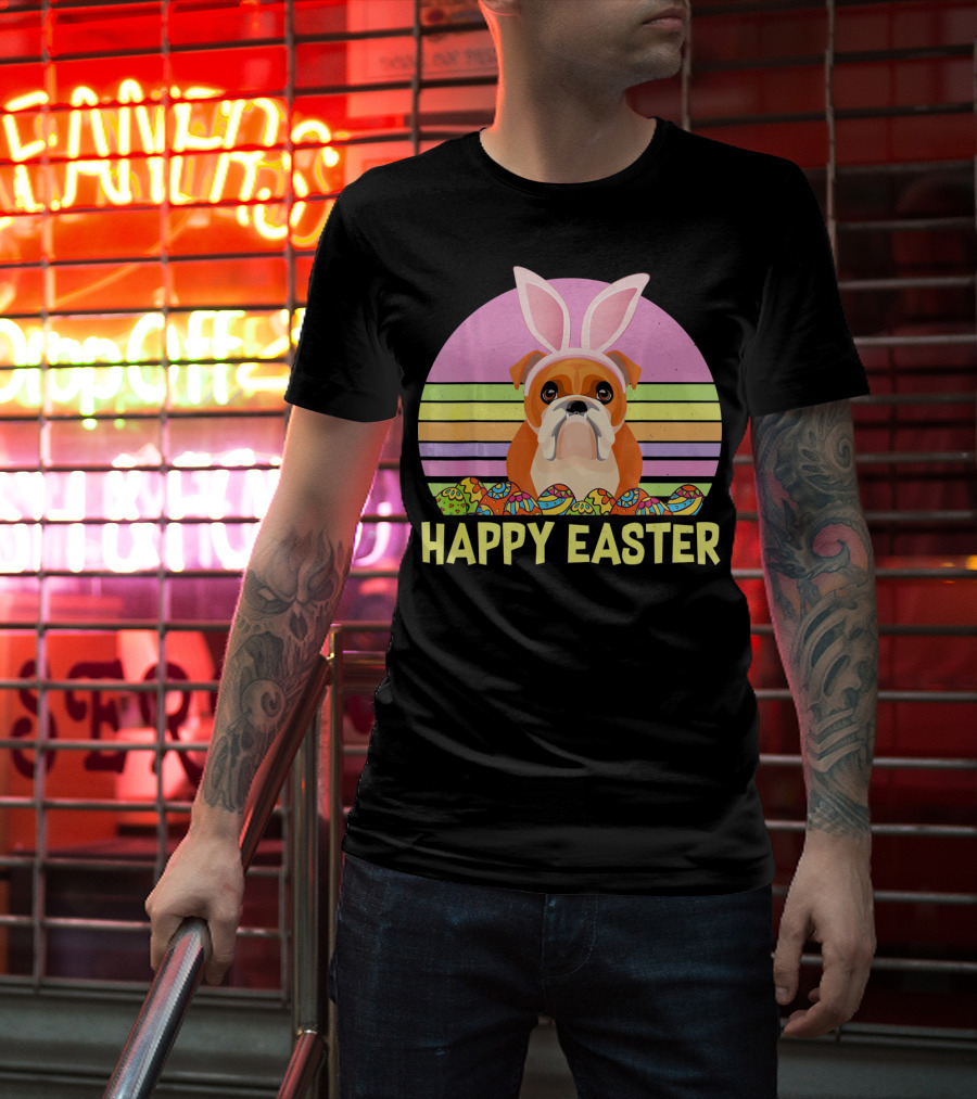 Happy Easter Day British Bulldog Bunny Ears Rainbow Eggs Retro T-Shirt