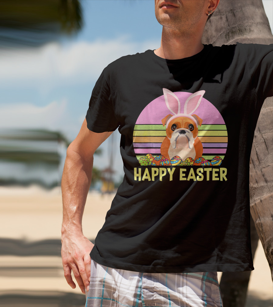 Happy Easter Day British Bulldog Bunny Ears Rainbow Eggs Retro T-Shirt