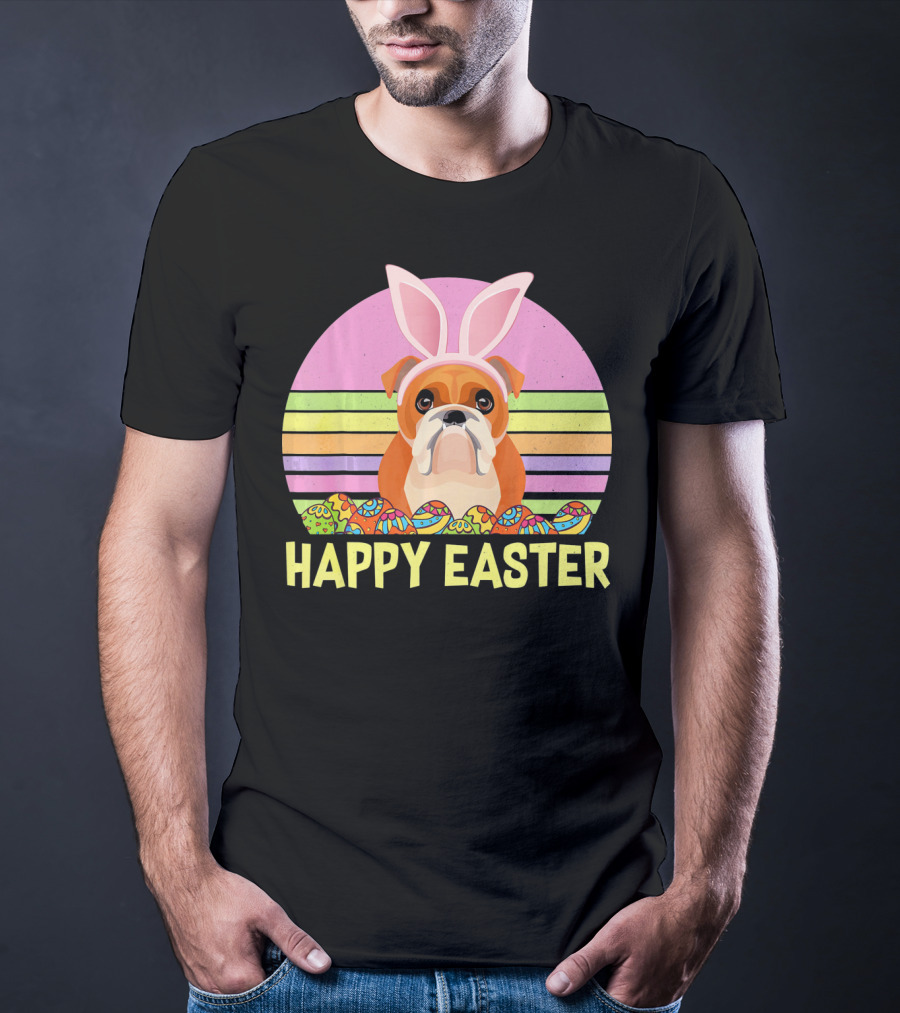 Happy Easter Day British Bulldog Bunny Ears Rainbow Eggs Retro T-Shirt