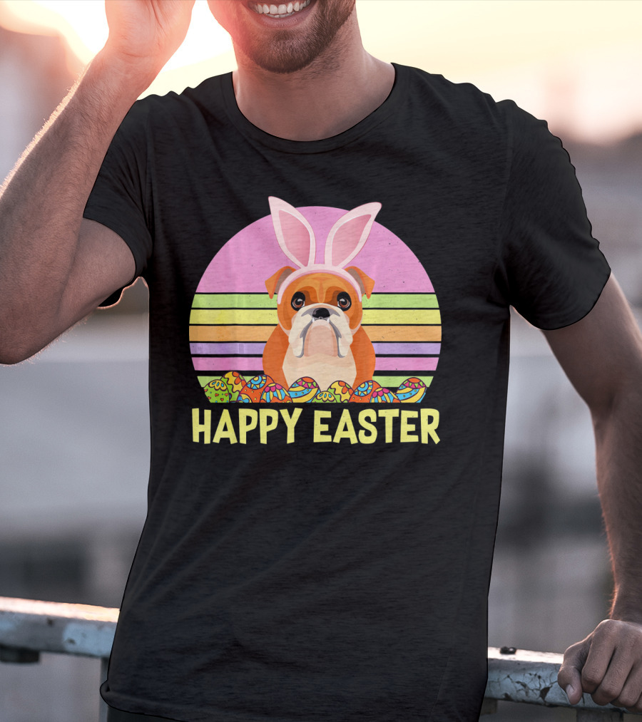 Happy Easter Day British Bulldog Bunny Ears Rainbow Eggs Retro T-Shirt