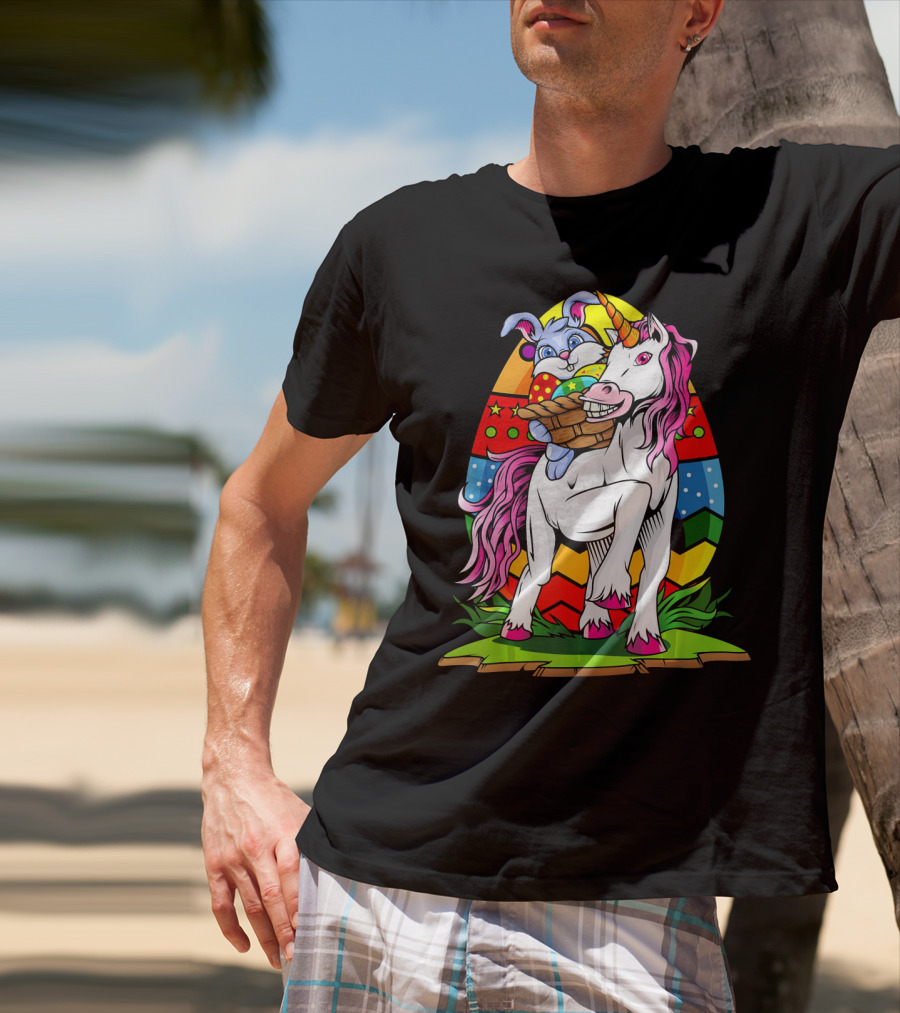 Funny Colorful Easter Bunny Riding Unicorn With Eggs T-Shirt