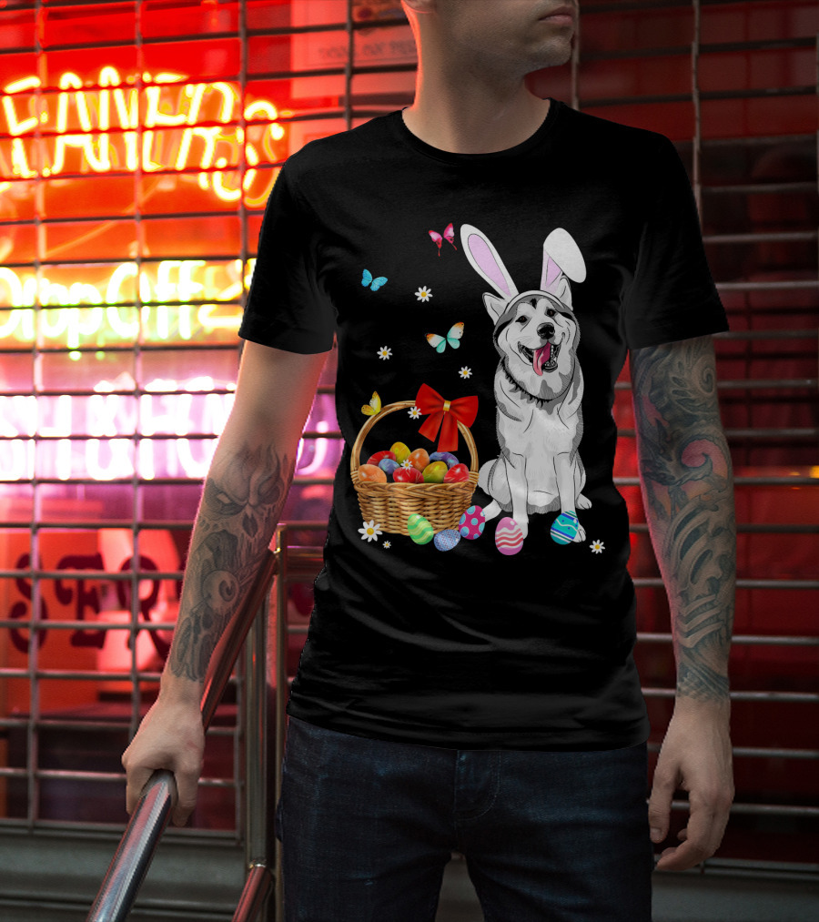 Siberian Husky Bunny Ears Easter Basket Eggs Butterflies T-Shirt