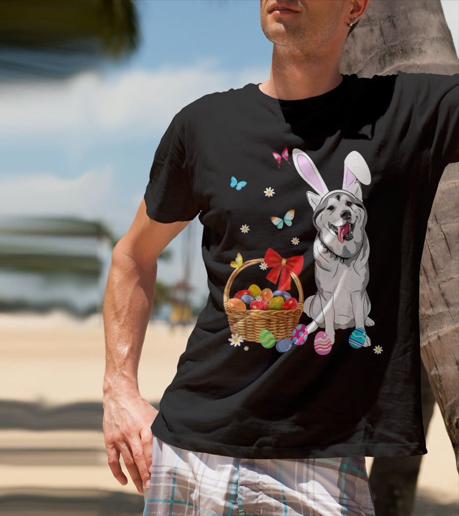 Siberian Husky Bunny Ears Easter Basket Eggs Butterflies T-Shirt
