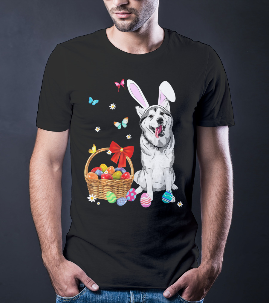 Siberian Husky Bunny Ears Easter Basket Eggs Butterflies T-Shirt