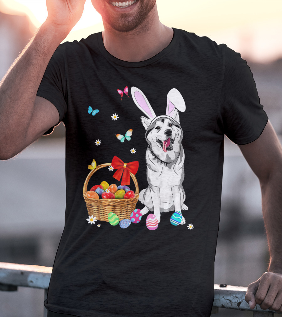 Siberian Husky Bunny Ears Easter Basket Eggs Butterflies T-Shirt