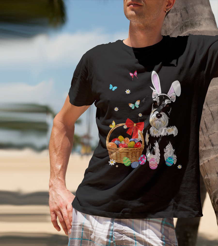 Miniature Schnauzer Bunny Ear With Easter Egg Basket And Butterflies T-Shirt