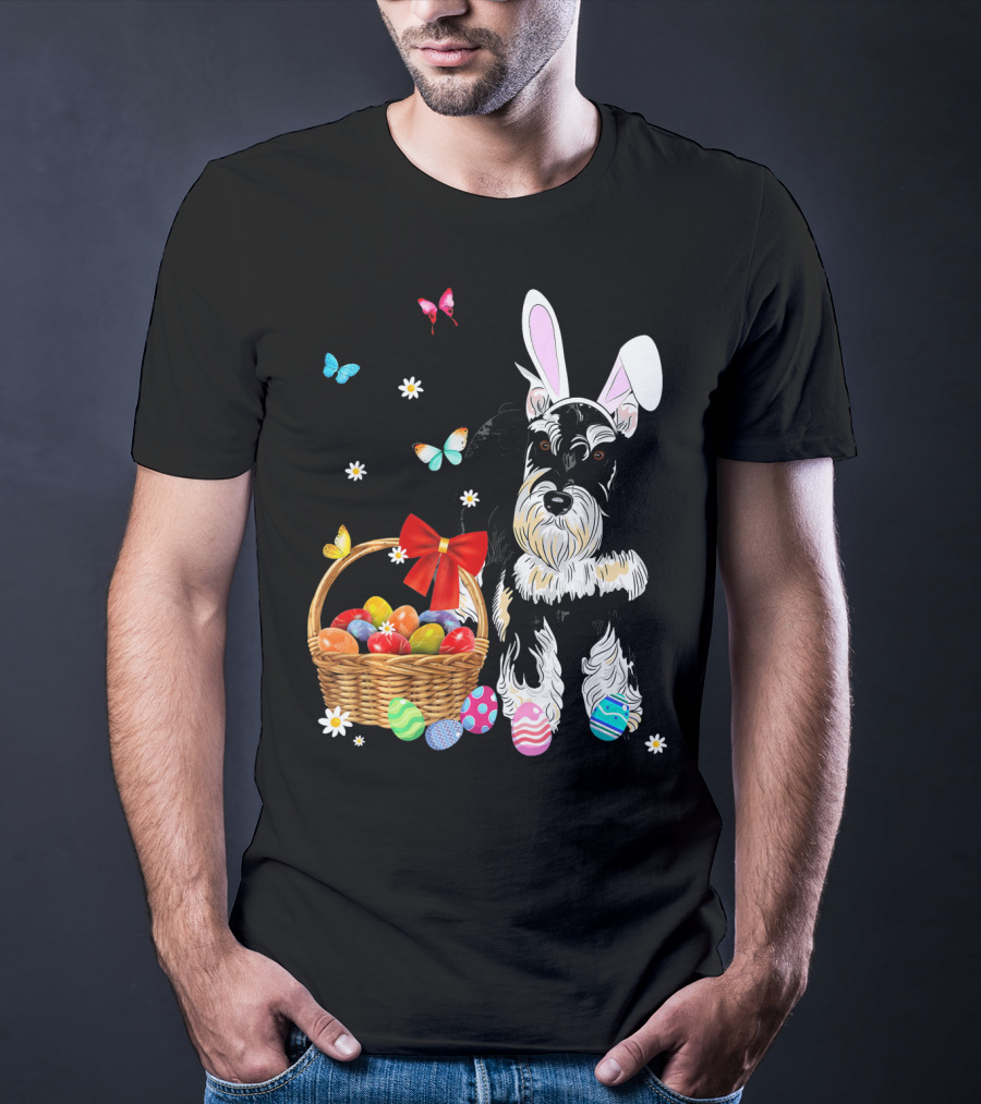 Miniature Schnauzer Bunny Ear With Easter Egg Basket And Butterflies T-Shirt