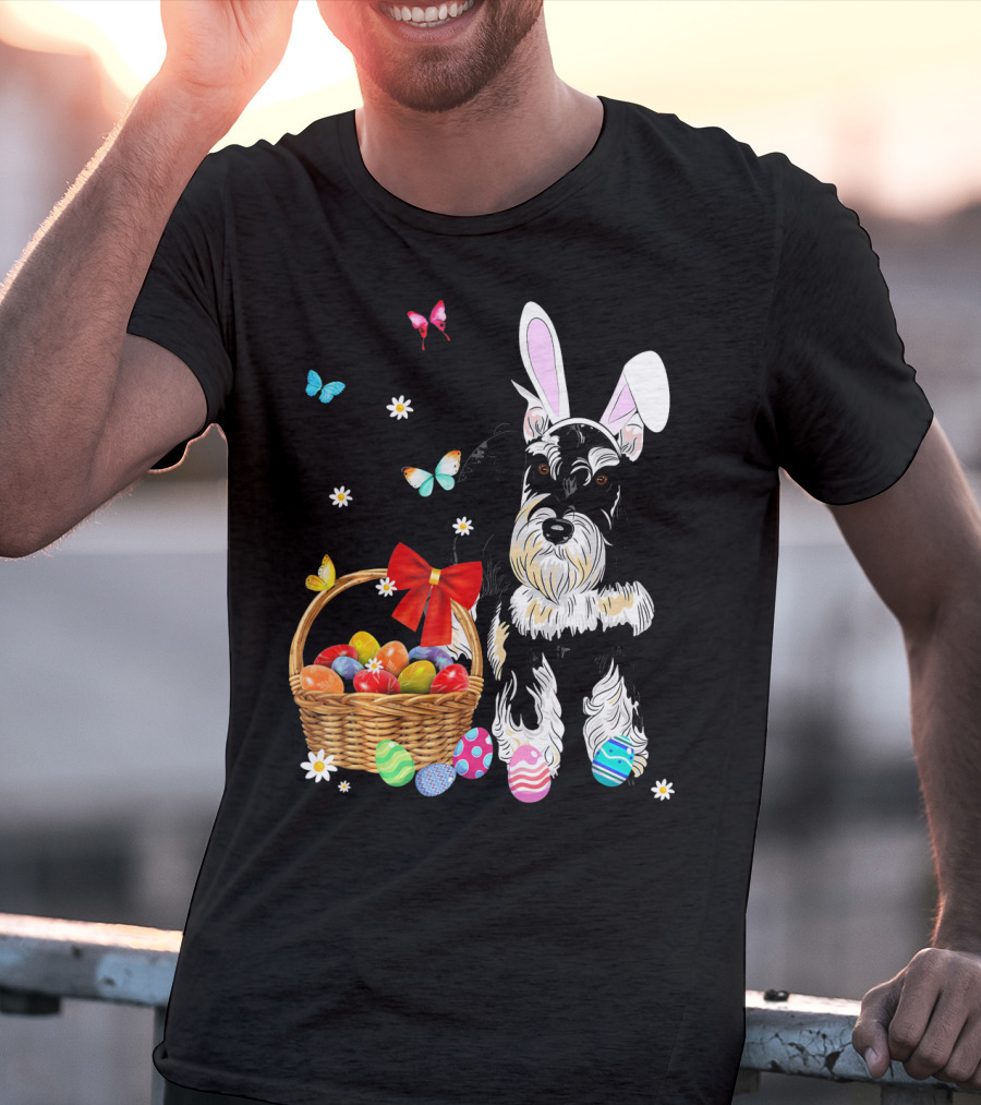 Miniature Schnauzer Bunny Ear With Easter Egg Basket And Butterflies T-Shirt