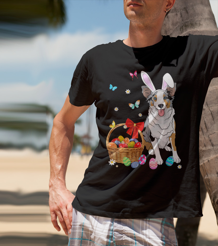 Australian Shepherd Bunny Ear Butterflies Basket Easter Egg Flowers T-Shirt