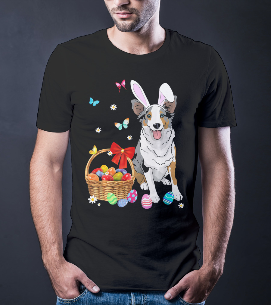 Australian Shepherd Bunny Ear Butterflies Basket Easter Egg Flowers T-Shirt
