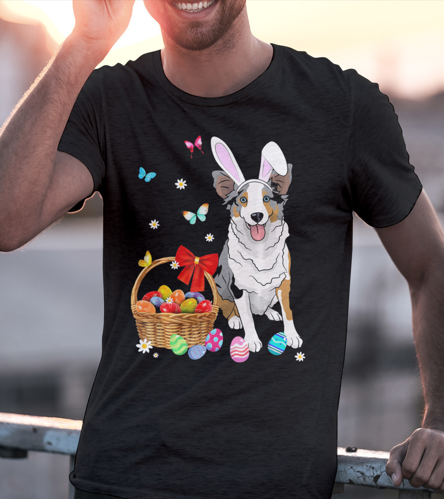 Australian Shepherd Bunny Ear Butterflies Basket Easter Egg Flowers T-Shirt