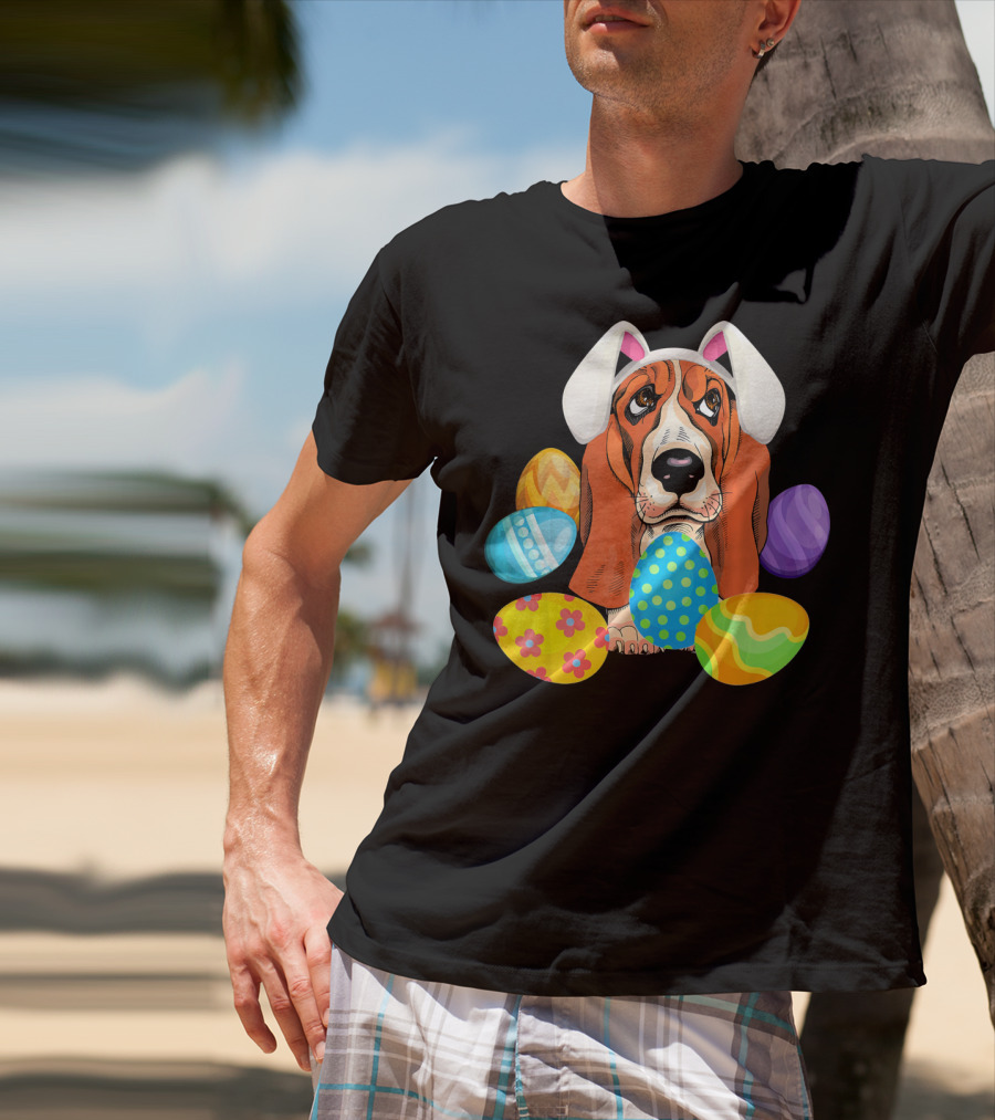 Basset Hound Bunny Rabbit Hat Easter Eggs Playful Scene T-Shirt