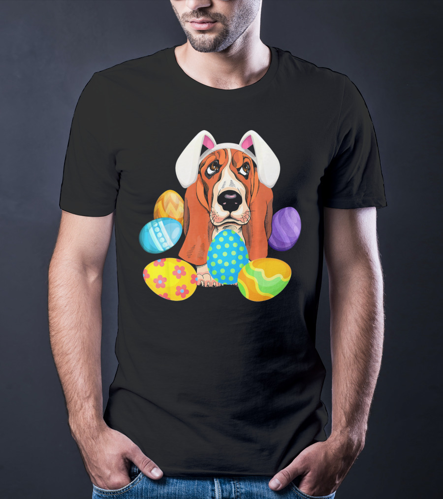 Basset Hound Bunny Rabbit Hat Easter Eggs Playful Scene T-Shirt