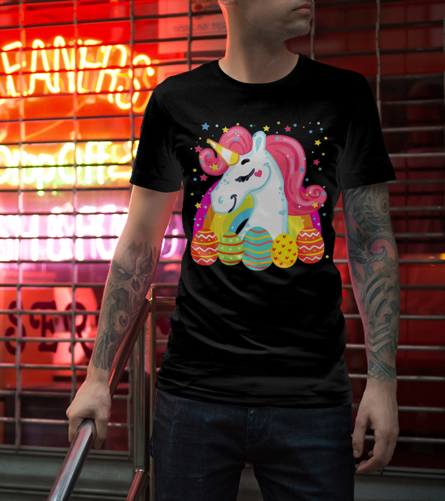 Unicorn With Rainbow Mane And Colorful Easter Eggs T-Shirt