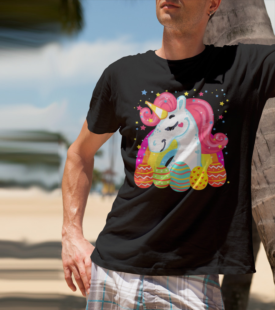 Unicorn With Rainbow Mane And Colorful Easter Eggs T-Shirt