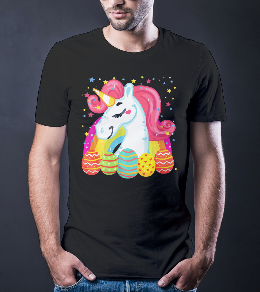 Unicorn With Rainbow Mane And Colorful Easter Eggs T-Shirt