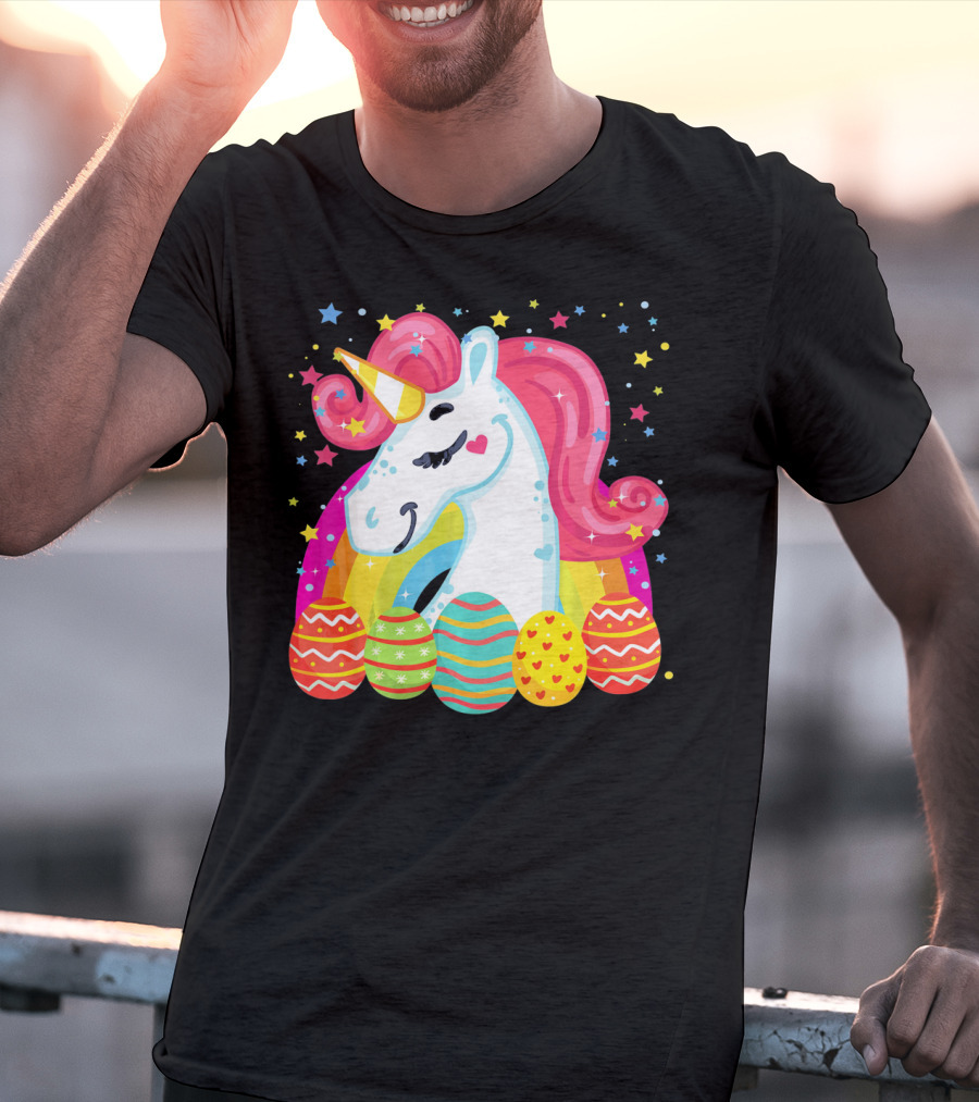 Unicorn With Rainbow Mane And Colorful Easter Eggs T-Shirt