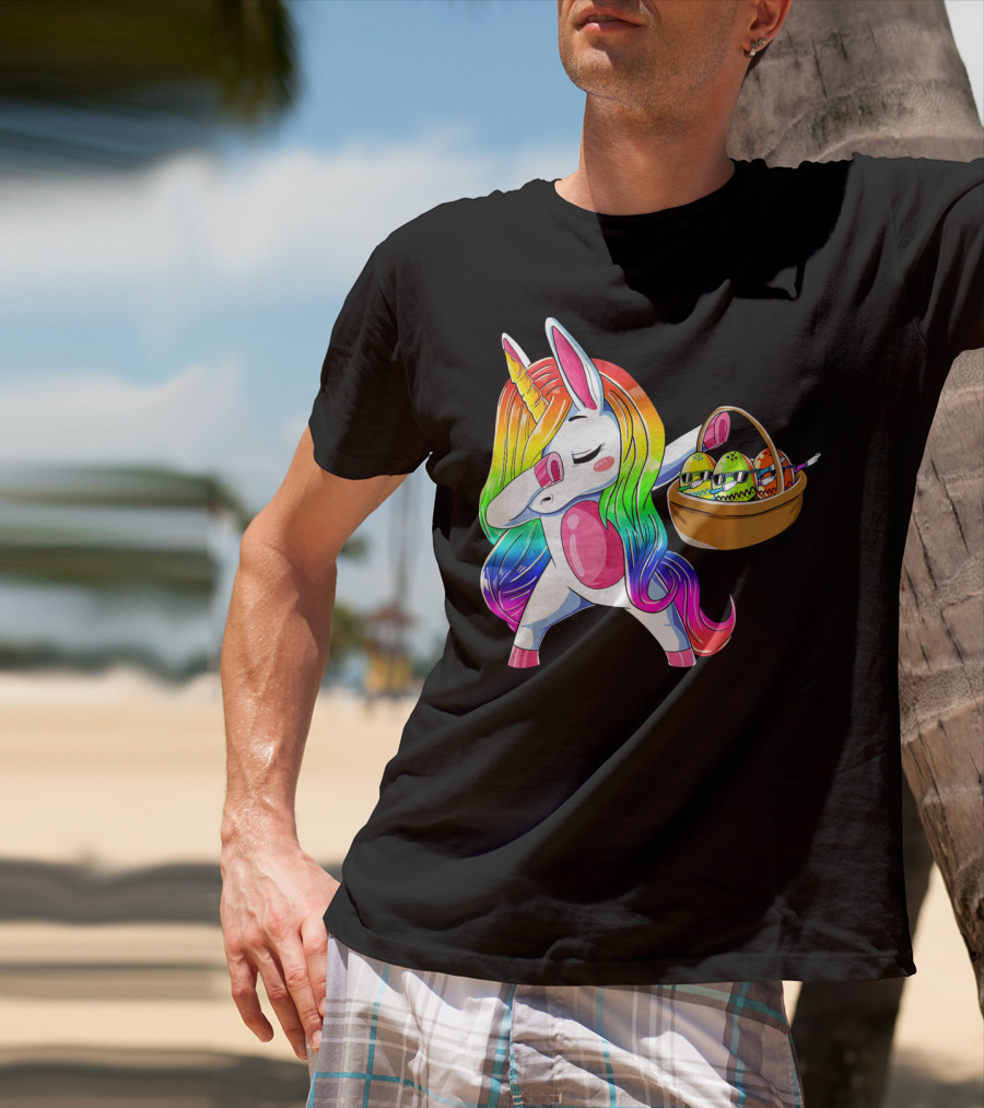 Girls Easter Unicorn Dabbing With Bunny Ear And Colorful Egg Basket T-Shirt