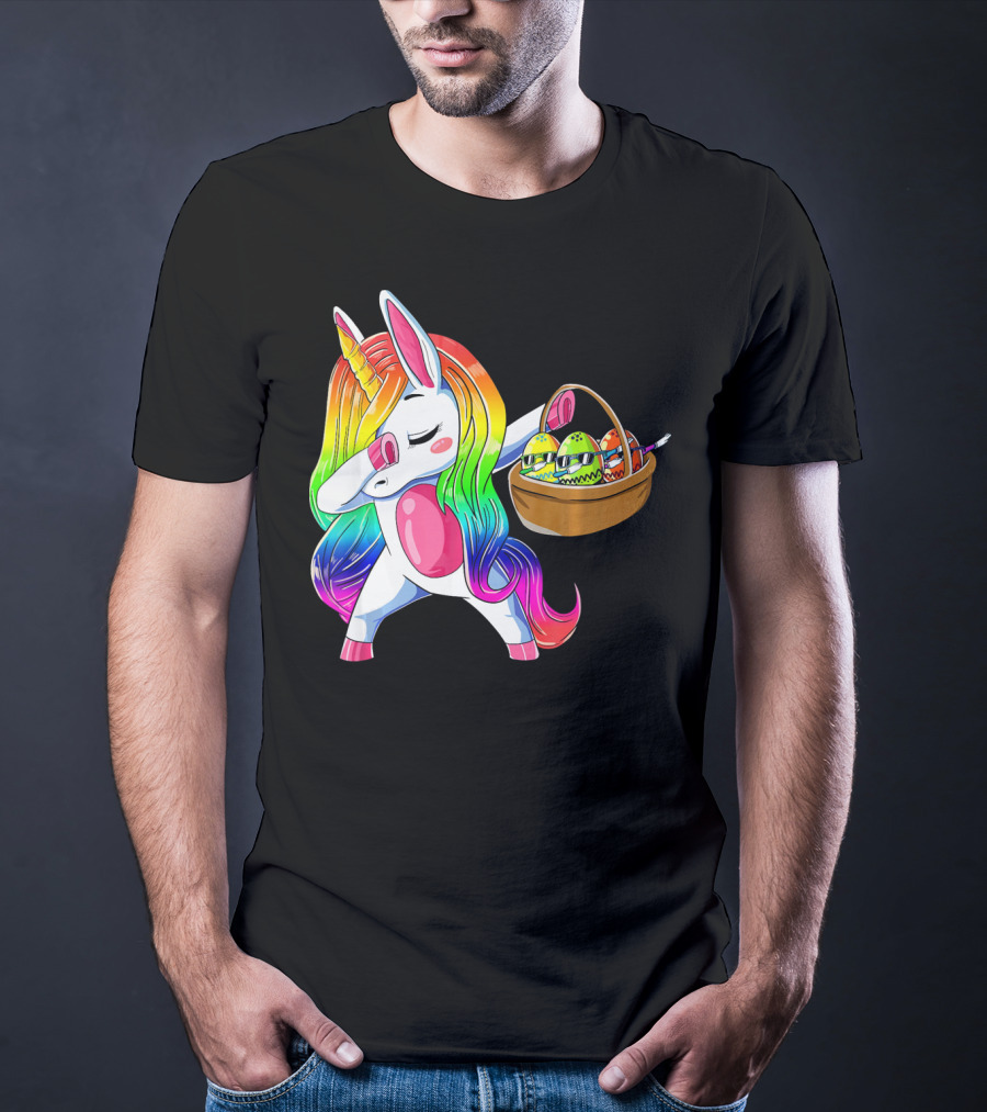 Girls Easter Unicorn Dabbing With Bunny Ear And Colorful Egg Basket T-Shirt