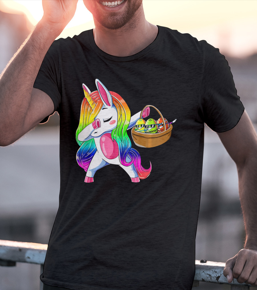 Girls Easter Unicorn Dabbing With Bunny Ear And Colorful Egg Basket T-Shirt