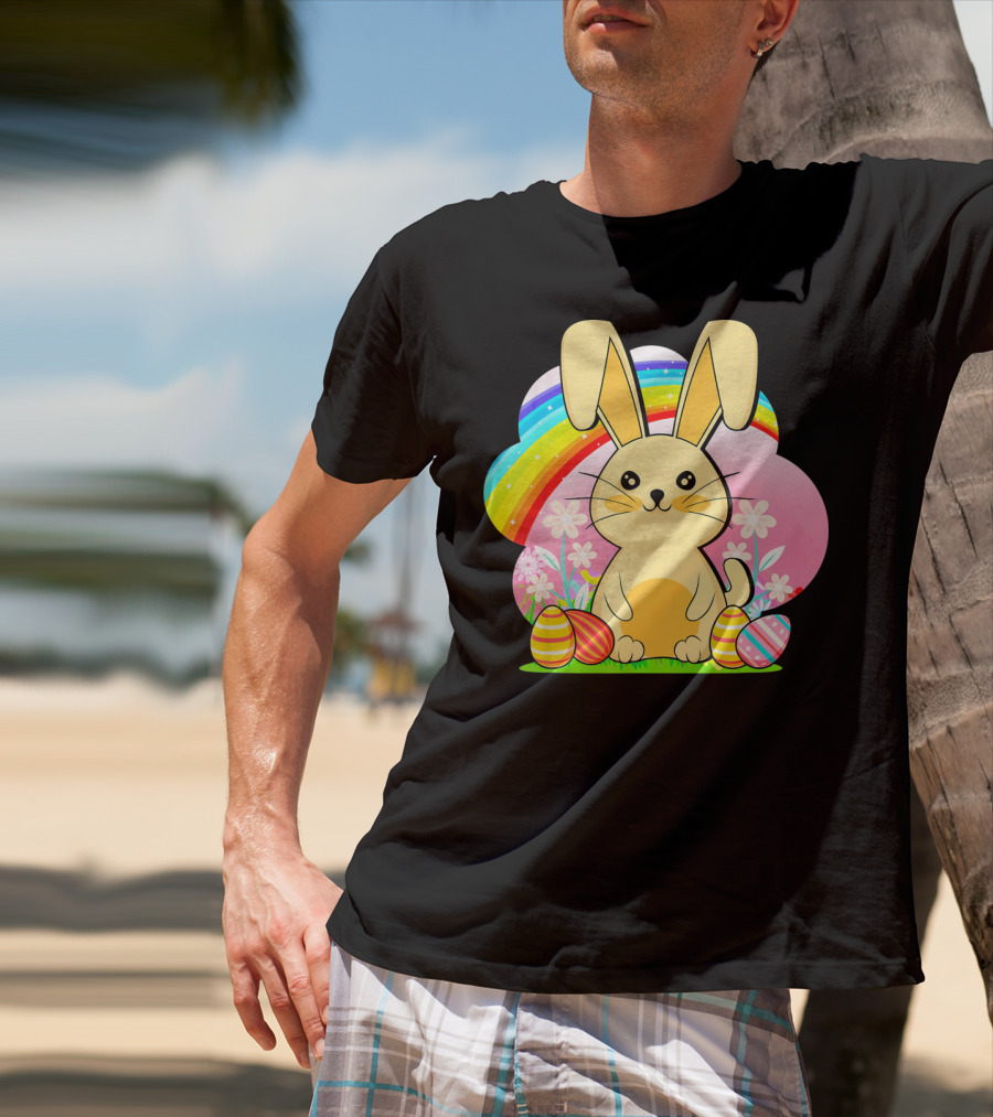 Easter Egg Bunny With Rainbow And Flowers T-Shirt