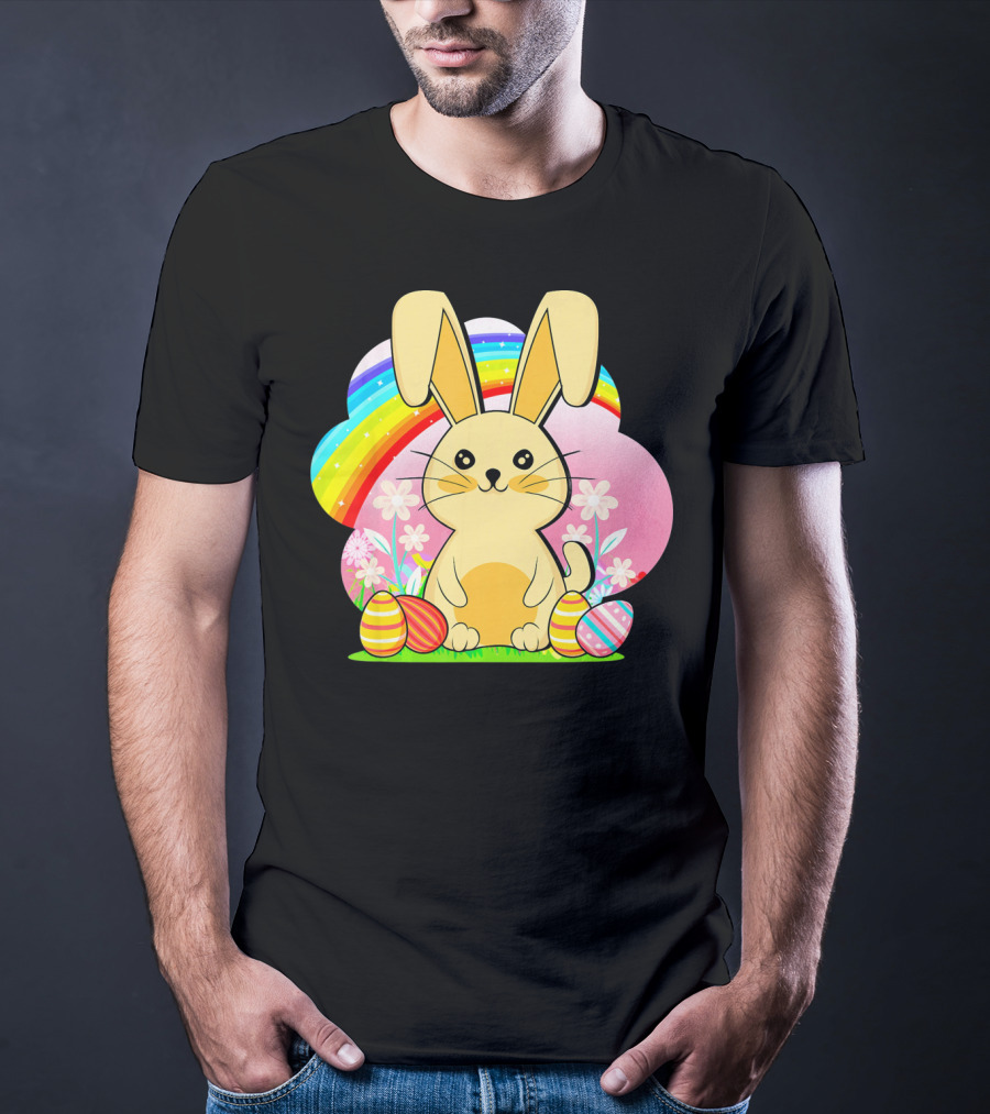 Easter Egg Bunny With Rainbow And Flowers T-Shirt