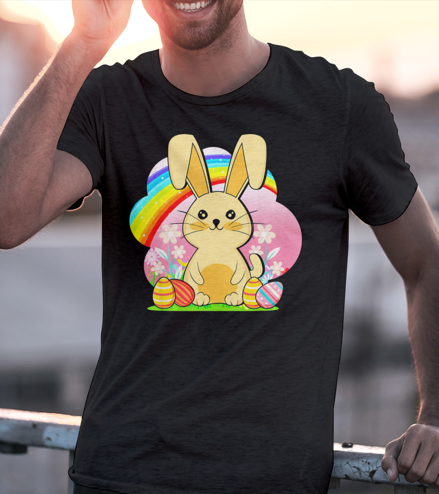 Easter Egg Bunny With Rainbow And Flowers T-Shirt