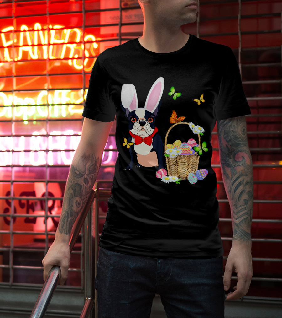 French Bulldog Bunny Hat Rabbit Easter Basket Eggs Butterflies T-Shirt