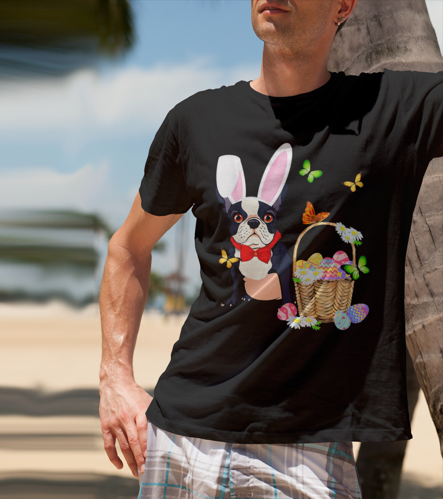 French Bulldog Bunny Hat Rabbit Easter Basket Eggs Butterflies T-Shirt